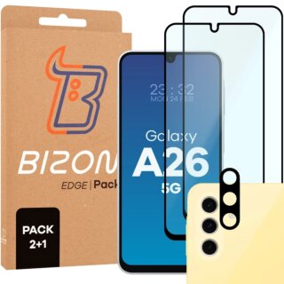 Bizon Edge 2 Samsung Galaxy A26 5G teljes kijelzővédő üvegfólia - 2db + kamerasziget lencsevédő üvegfólia - 1db