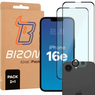 Bizon Edge 2 iPhone 16e teljes kijelzővédő üvegfólia - 2db + kamerasziget lencsevédő üvegfólia - 1db