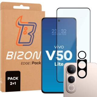Bizon Edge 2 Vivo V50 Lite 4G / 5G teljes kijelzővédő üvegfólia - 2db + kamerasziget lencsevédő üvegfólia - 1db