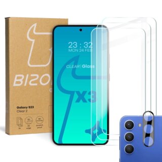 Bizon Clear Samsung Galaxy S23 kijelzővédő üvegfólia - 3db + kamerasziget lencsevédő üvegfólia - 1db