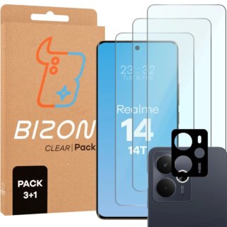 Bizon Clear Realme 14 5G / 14T 5G kijelzővédő üvegfólia - 3db + kamerasziget lencsevédő üvegfólia - 1db