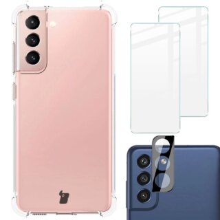 Bizon Clear Pack Samsung Galaxy S21 FE szilikon tok + 2db kijelzővédő üvegfólia + kamerasziget lencsevédő üvegfólia - átlátszó