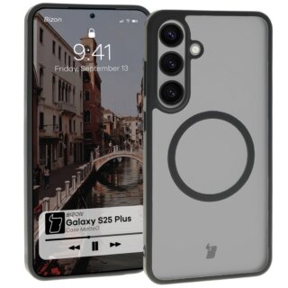 Bizon Case MatteO MagSafe Samsung Galaxy S25 Plus kemény hátlap tok - átlátszó/fekete