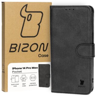 Bizon Case Pocket iPhone 14 Pro Max kinyitható bőr tok - fekete