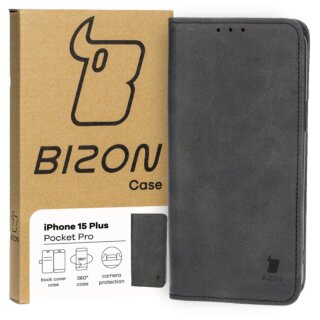 Bizon Case Pocket iPhone 15 Plus kinyitható bőr tok - fekete