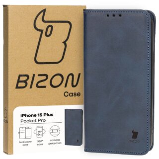 Bizon Case Pocket iPhone 15 Plus kinyitható bőr tok - kék