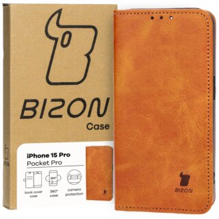Bizon Case Pocket iPhone 15 Pro kinyitható bőr tok - barna