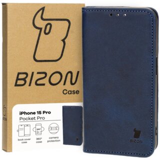 Bizon Case Pocket iPhone 15 Pro kinyitható bőr tok - kék