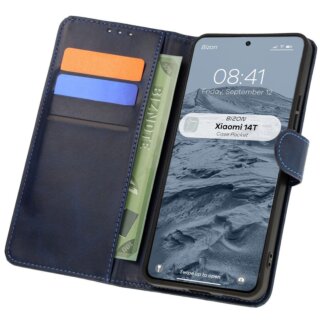 Bizon Case Pocket Xiaomi 14T kinyitható bőr tok - kék