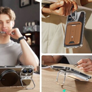 ESR Classic Hybrid Kickstand Halolock MagSafe iPhone 16 kemény hátlap tok kitámasztóval + kijelzővédő üvegfólia  - átlátszó