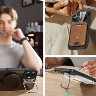 ESR Classic Hybrid Kickstand Halolock MagSafe iPhone 16 kemény hátlap tok kitámasztóval + kijelzővédő üvegfólia  - átlátszó/fekete