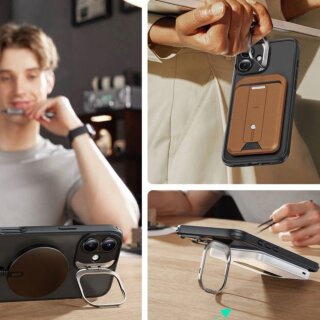 ESR Classic Hybrid Kickstand Halolock MagSafe iPhone 16 kemény hátlap tok kitámasztóval + kijelzővédő üvegfólia  - átlátszó/matt fekete