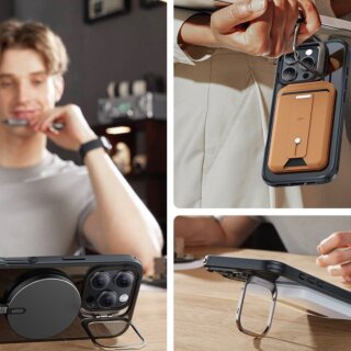 ESR Classic Hybrid Kickstand Halolock MagSafe iPhone 16 Pro Max szilikon hátlap tok kitámasztóval + kijelzővédő üvegfólia - átlátszó/fekete