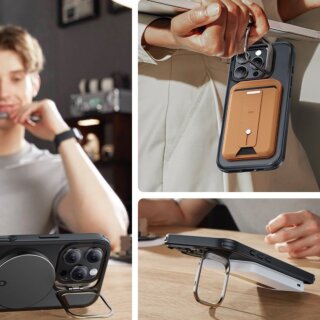 ESR Classic Hybrid Kickstand Halolock MagSafe iPhone 16 Pro Max szilikon hátlap tok kitámasztóval + kijelzővédő üvegfólia - átlátszó/matt fekete