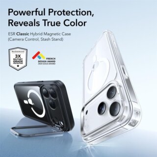 ESR Classic Hybrid Kickstand MagSafe iPhone 17 Pro Max kemény hátlap tok kitámasztóval - átlátszó/fekete