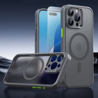 ESR Classic Pro Set MagSafe iPhone 16 Pro ütésálló hátlap tok + kijelzővédő üveg - szürke/átlátszó