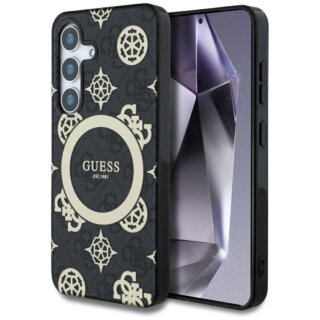 Guess 4G Background Gold Electroplated Peony Pattern MagSafe Samsung Galaxy S25 kemény hátlap tok - fekete