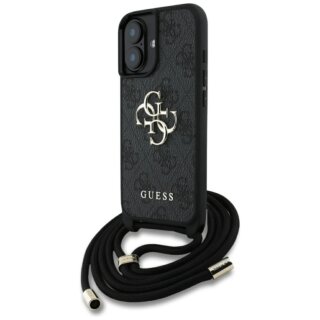 Guess 4G Big Logo Cord Stap Crossbody iPhone 16 bőr hátlap tok + nyakpánt - fekete