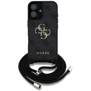 Guess 4G Big Logo Cord Stap Crossbody iPhone 16 bőr hátlap tok + nyakpánt - fekete