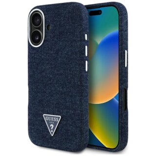 Guess Denim Triangle Logo MagSafe iPhone 16 kemény hátlap tok - kék