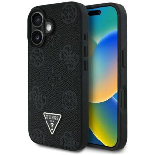 Guess Grained Hot Stamp Peony Triangle Logo MagSafe iPhone 16 bőr hátlap tok - fekete
