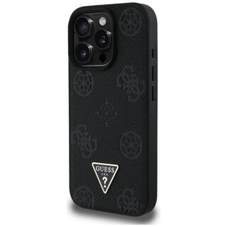 Guess Grained Hot Stamp Peony Triangle Logo MagSafe iPhone 16 Pro bőr hátlap tok - fekete