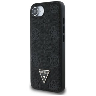 Guess Grained Hot Stamp Peony Triangle Logo MagSafe iPhone 16e bőr hátlap tok - fekete