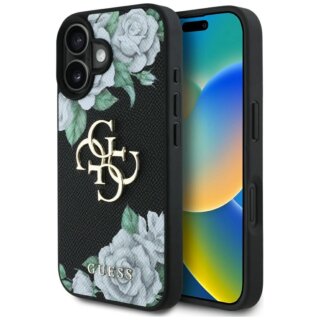 Guess Grained Roses Big 4G logo iPhone 16 bőr hátlap tok - fekete/virágos