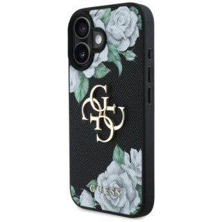 Guess Grained Roses Big 4G logo iPhone 16 bőr hátlap tok - fekete/virágos