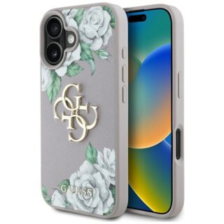 Guess Grained Roses Big 4G logo iPhone 16 bőr hátlap tok - lila/virágos