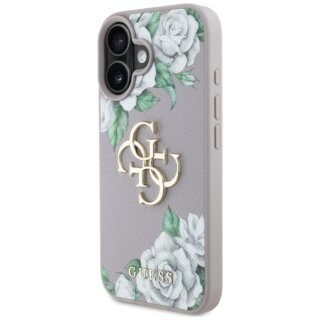 Guess Grained Roses Big 4G logo iPhone 16 bőr hátlap tok - lila/virágos