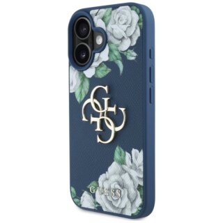 Guess Grained Roses Big 4G logo iPhone 16 bőr hátlap tok - kék/virágos