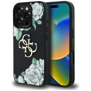Guess Grained Roses Big 4G logo iPhone 16 Pro bőr hátlap tok - fekete/virágos