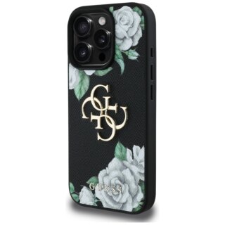 Guess Grained Roses Big 4G logo iPhone 16 Pro bőr hátlap tok - fekete/virágos