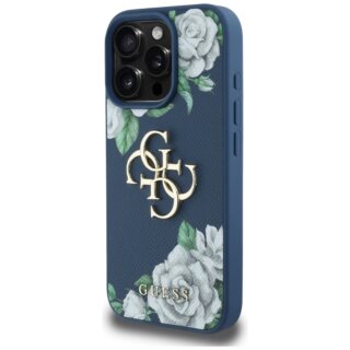 Guess Grained Roses Big 4G logo iPhone 16 Pro bőr hátlap tok - kék/virágos