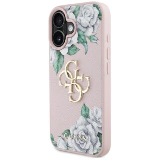 Guess Grained Roses Big 4G logo iPhone 16 bőr hátlap tok - rózsaszín/virágos