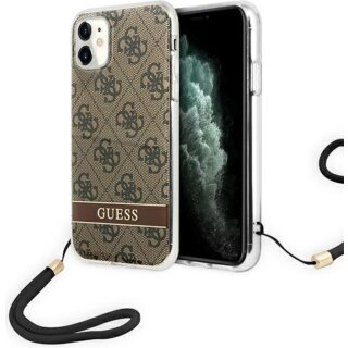 Guess GUOHCN61H4STW 4G Print Strap iPhone 11 kemény hátlap tok + csuklópánt - barna