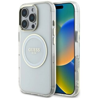 Guess IML Metal Colored Circle Classic Logo MagSafe iPhone 16 Pro kemény hátlap tok - fehér