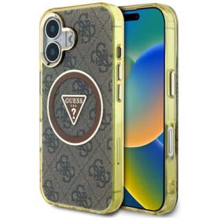 Guess IML Metal Glitter 4G Circle Triangle MagSafe iPhone 16 kemény hátlap tok - barna