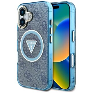 Guess IML Metal Glitter 4G Circle Triangle MagSafe iPhone 16 kemény hátlap tok - kék