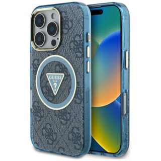 Guess IML Metal Glitter 4G Circle Triangle MagSafe iPhone 16 Pro Max kemény hátlap tok - kék