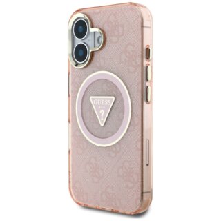 Guess IML Metal Glitter 4G Circle Triangle MagSafe iPhone 16 kemény hátlap tok - rózsaszín