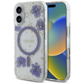 Guess Resin Flowers Glitter MagSafe iPhone 16 kemény hátlap tok - lila/csillámos