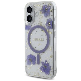Guess Resin Flowers Glitter MagSafe iPhone 16 kemény hátlap tok - lila/csillámos