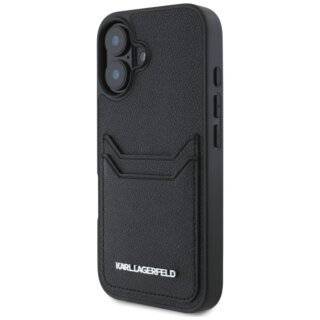 Karl Lagerfeld HC Grained PU Cardslot Metal Elong iPhone 16 bőr hátlap tok kártyatartóval - fekete