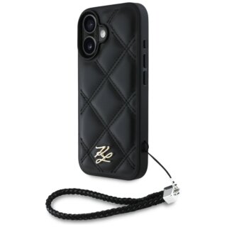 Karl Lagerfeld Quilted Initial Logo & Chain Strap iPhone 16 bőr hátlap tok + csuklópánt - fekete