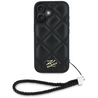 Karl Lagerfeld Quilted Initial Logo & Chain Strap iPhone 16 bőr hátlap tok + csuklópánt - fekete