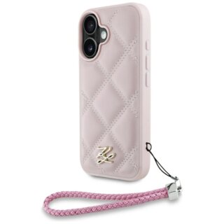 Karl Lagerfeld Quilted Initial Logo & Chain Strap iPhone 16 bőr hátlap tok + csuklópánt - rózsaszín