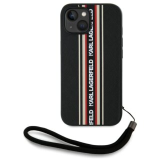 Karl Lagerfeld Saffiano Athleisure Stripes Cord iPhone 15 bőr hátlap tok - fekete/piros
