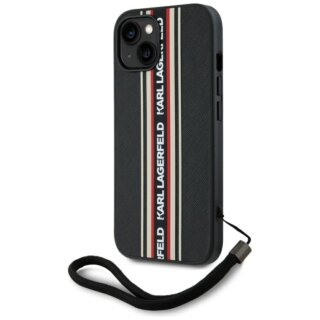 Karl Lagerfeld Saffiano Athleisure Stripes Cord iPhone 15 bőr hátlap tok - fekete/piros